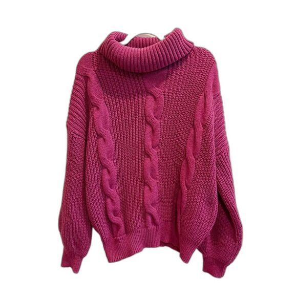 Women Pink Sweater 2XL Cable Twist Knit Turtleneck Pullover Oversize Long Sleeve - Picture 1 of 8